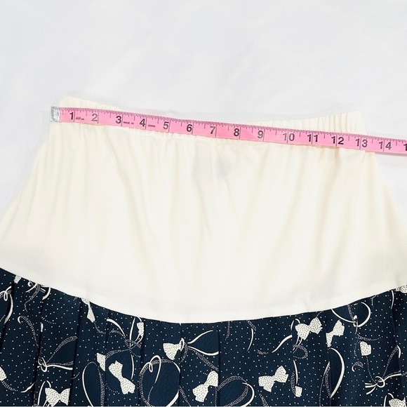 Vintage Allisia Drop Waist Cream Navy Bows Ribbons Printed Pleated Skirt - Picture 8 of 8